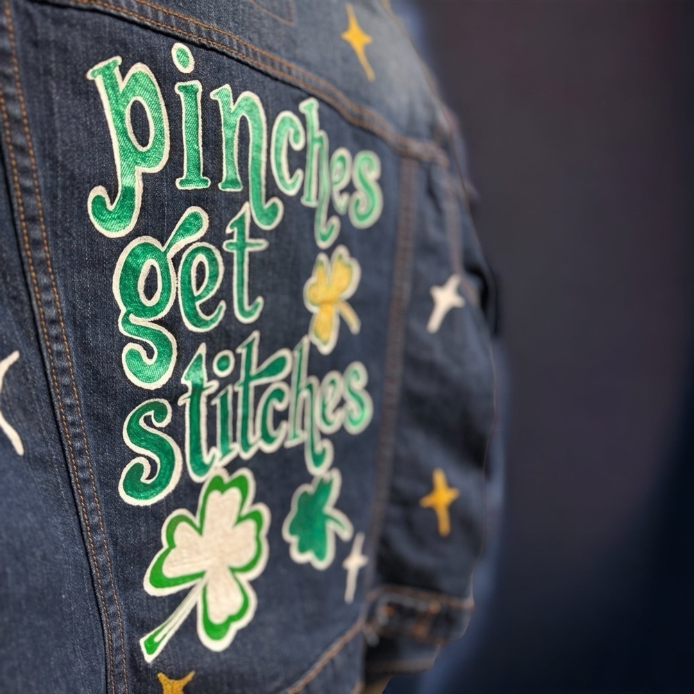 Hand Painted Jean Jacket: “Pinches Get Stitches”, St Patrick’s Day, Ladies XL - Picture 7 of 13
